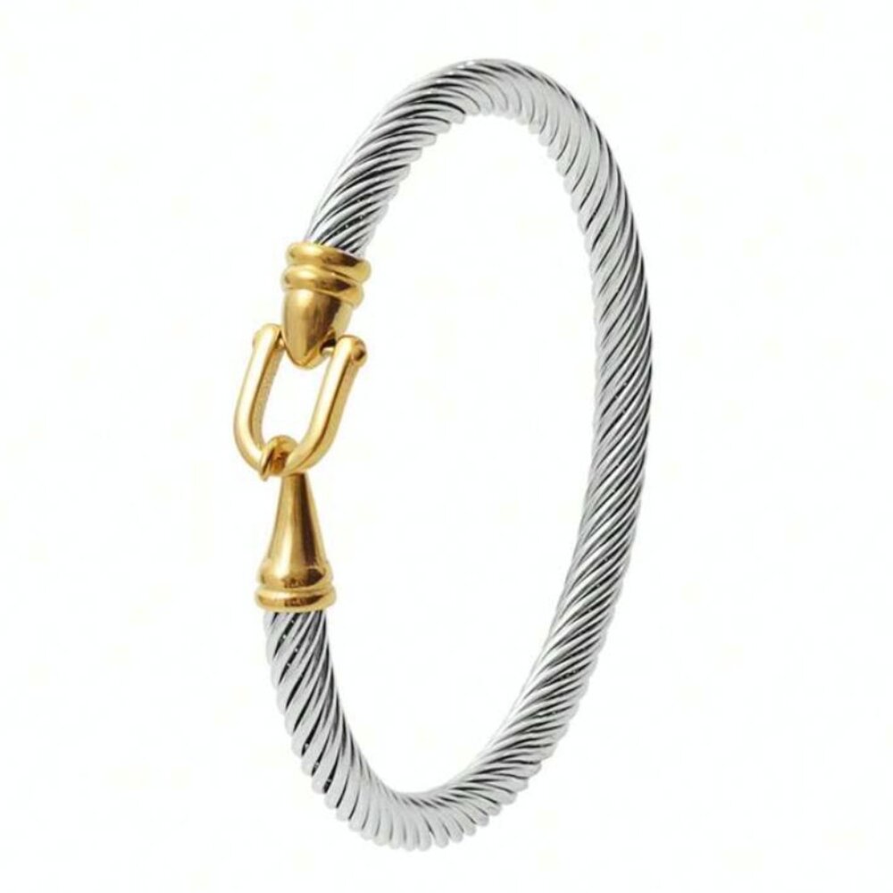 Silver Cable Two Tone Womens Bracelet Hook & Loop Closure One Size